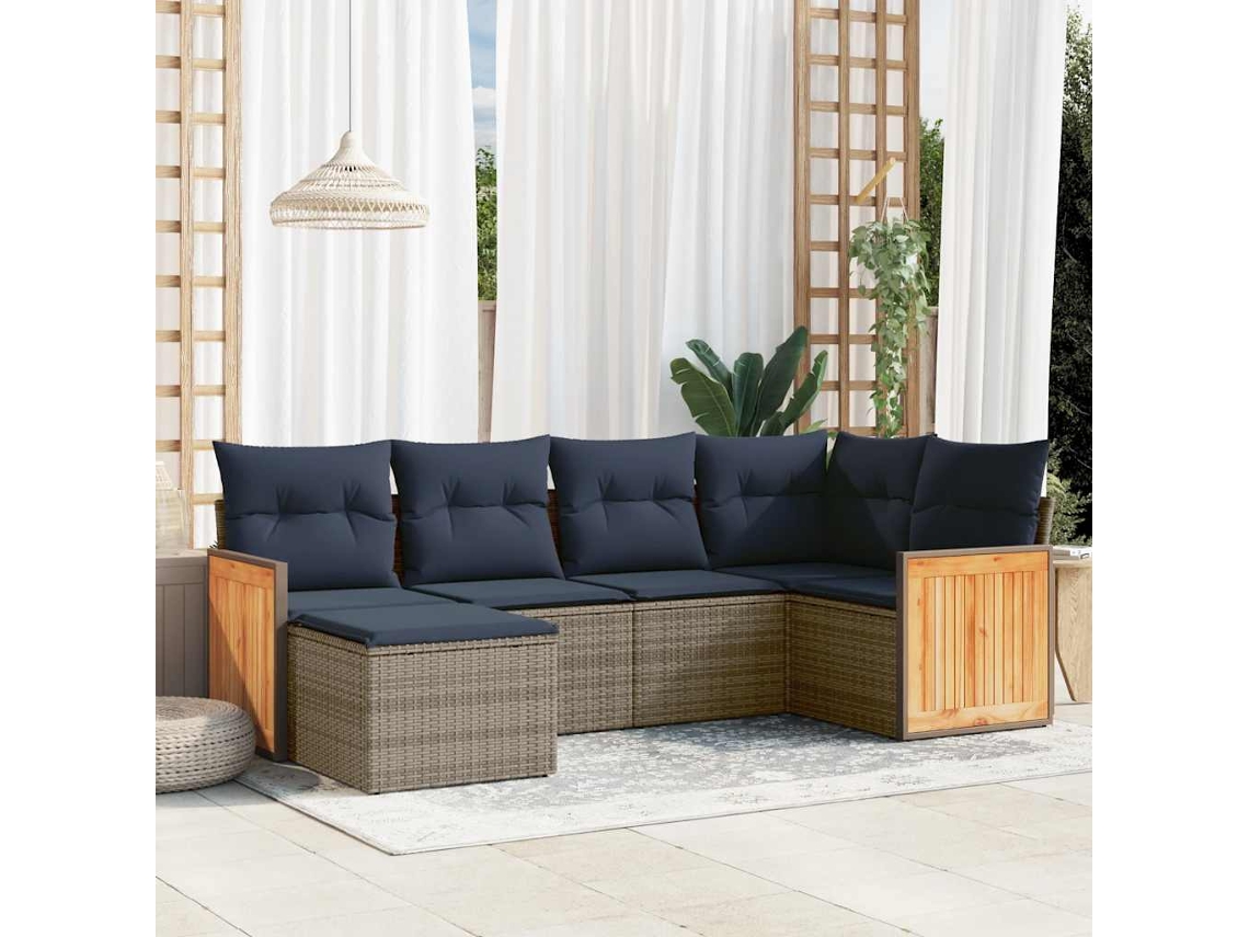 Vidaxl Conjunto De Sofá De Jardim Com 6 Peças E Almofadas Em Rattan Sintético Cinza