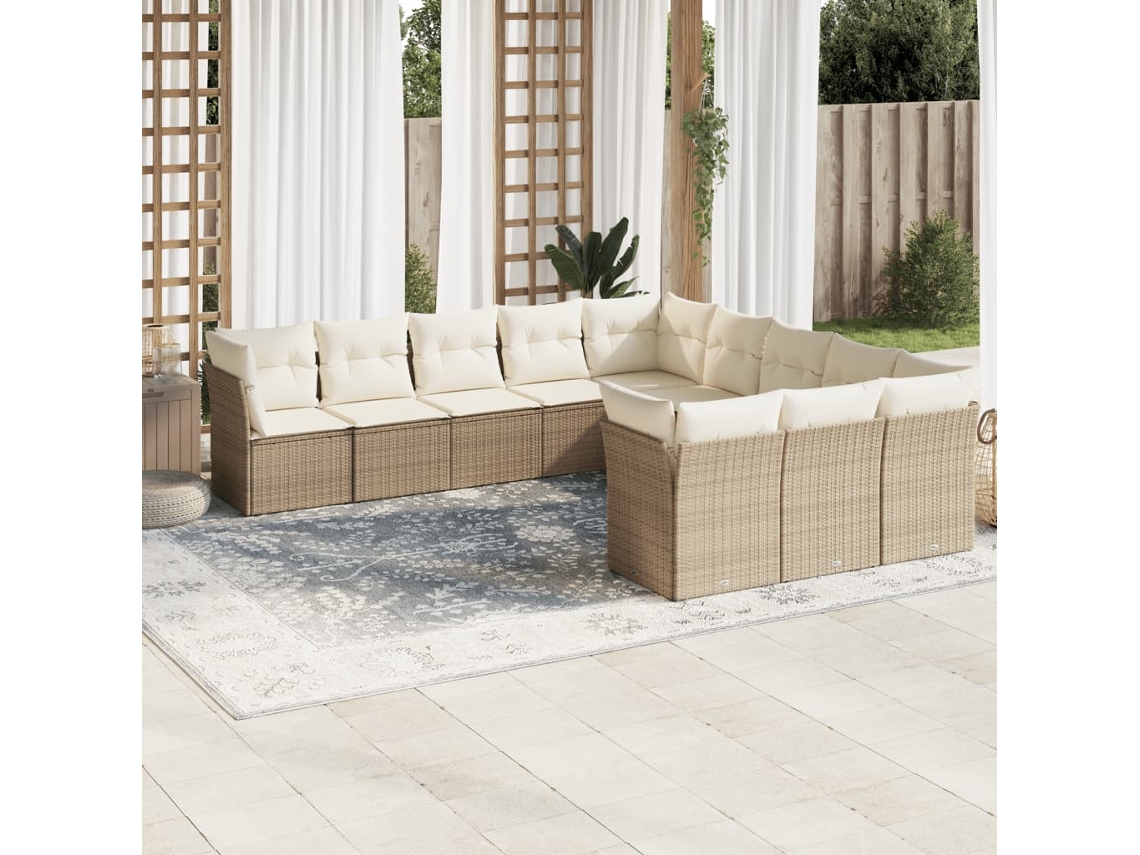 11 Pcs Conjunto Sofás De Jardim C/ Almofadões Vime Pe Bege Dkd Home Decor