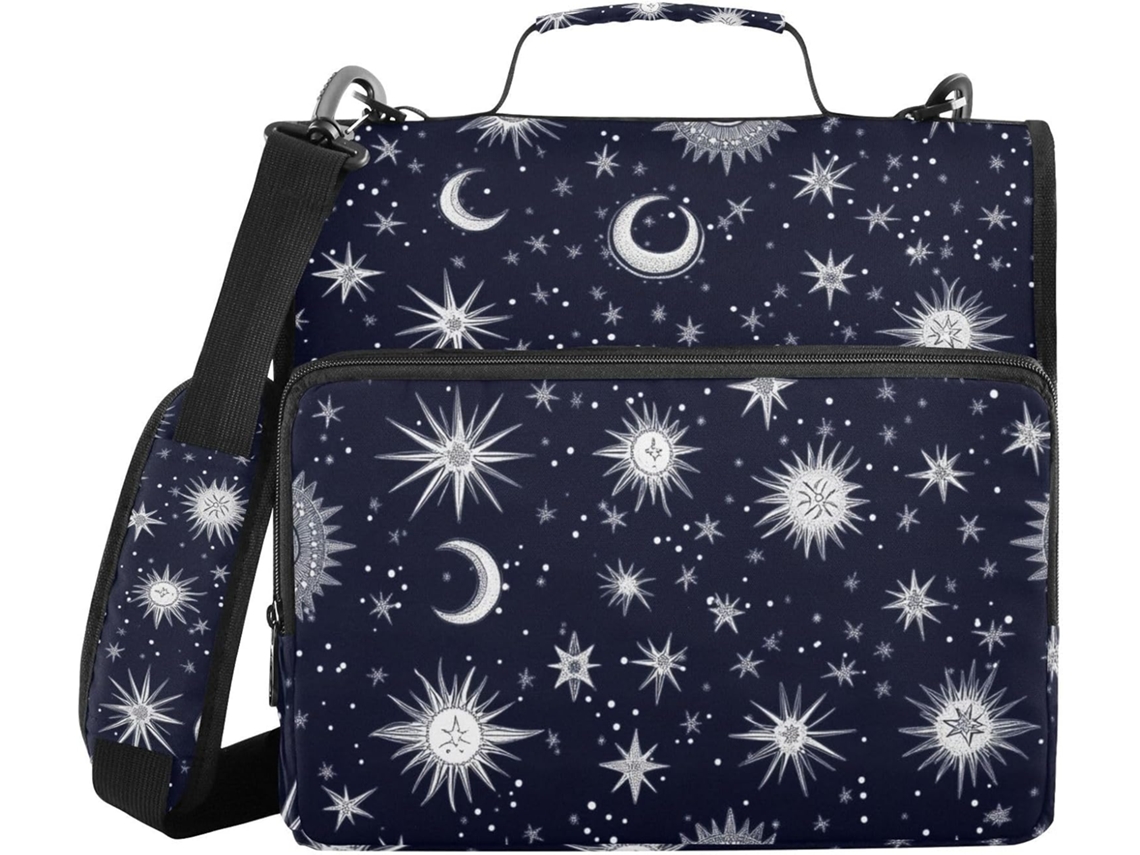 Pasta organizadora com 3 argolas, estampa de Noite Estrelada, Sol e Lua, para usar no ombro ou na mão, inclui bolsa com zíper.