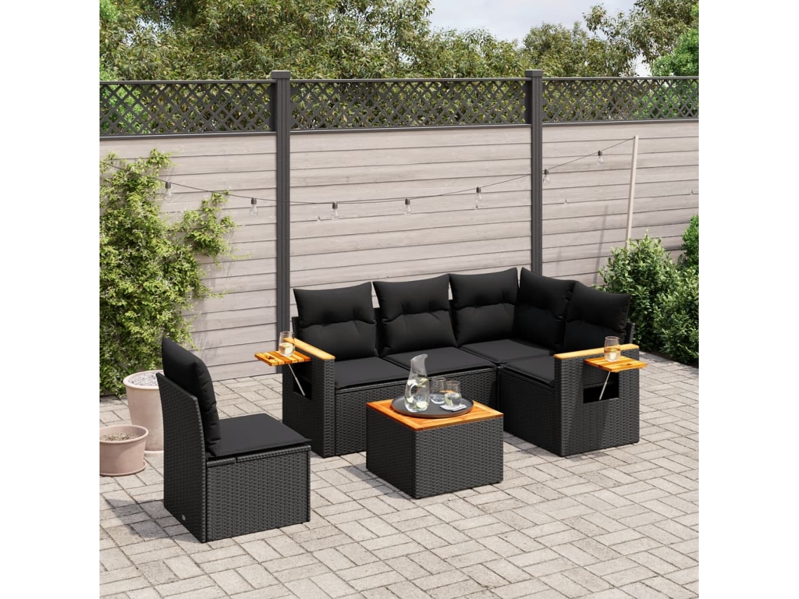 6 Pcs Conjunto Sofás De Jardim C/ Almofadões Vime Pe Preto Dkd Home Decor