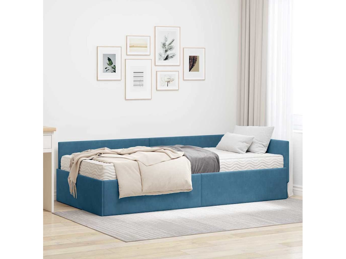 Vidaxl Estrutura De Cama De Canto Com Colchão 2 Unid. Azul Veludo
