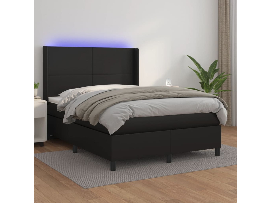 Cama Box Spring C/ Colchão/led 140x200cm Couro Artificial Preto