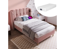 Cama 90x200 Veludo Rosa com Usb c e Colchão