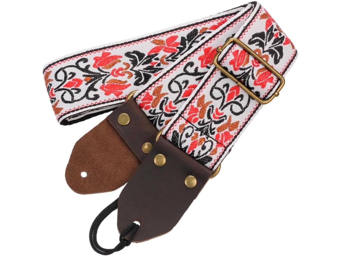 Correia para Guitarra, Alça de Ombro para Instrumento Baixo, Cinto para Ukulele, Estampa Floral em Couro Preto SFUSHOS
