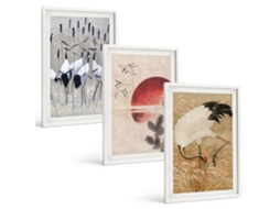 Composição De Quadros Na Parede Garças Japonesas, Paisagem Moldura Branca Quadros Para O Escritório Espelharte (3 Piezas De 40x60 Cm)