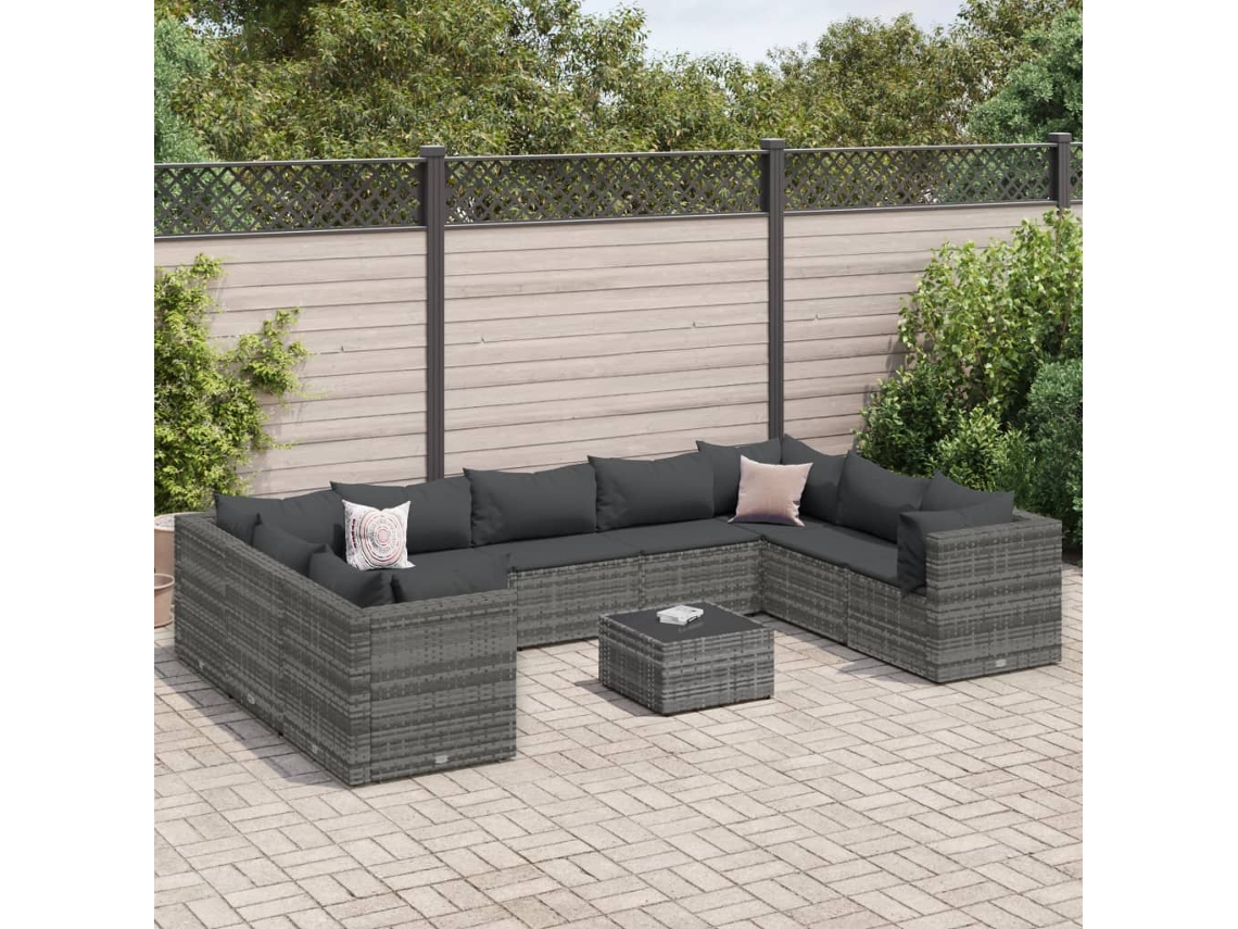 Conjunto 10 Peças Lounge De Jardim C/ Almofadões Vime Pe Cinza Dkd Home Decor