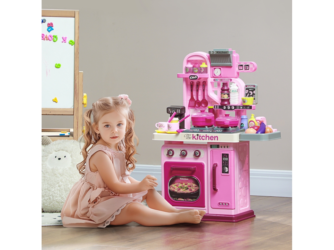 Kit de Cozinha Infantil 33 Peças Brinquedo de Imitação para Meninas de 3 a 6 Anos Acessórios com Luzes e Sons Realistas Rosa
