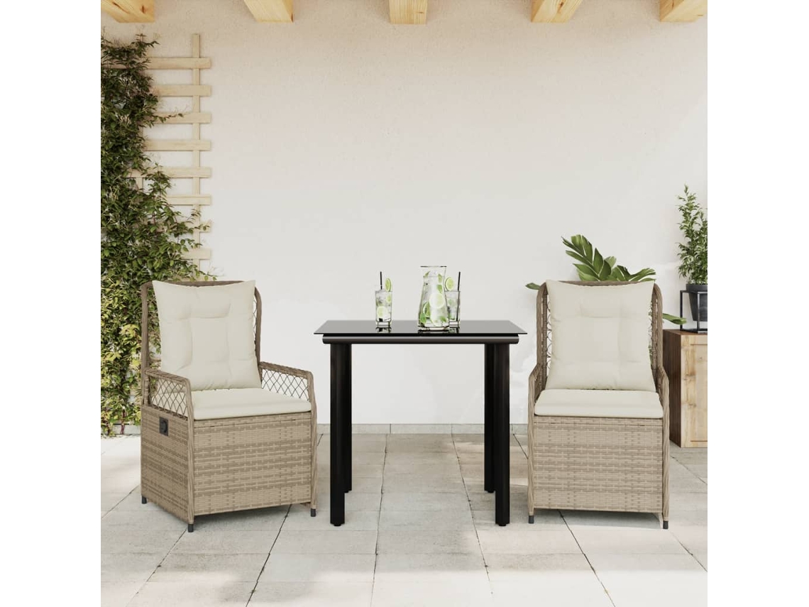 Vidaxl 3 Pcs Conjunto De Jantar P/ Jardim Com Almofadões Vime Pe Bege