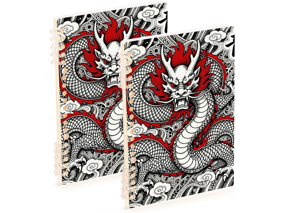 Conjunto de 2 Cadernos Espiral, Tamanho A5, Preto e Vermelho, Estilo Tatuagem Asiática, 21,1 X 14,5 Cm, Encade