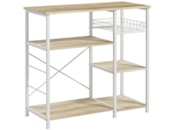 Estante de Cozinha com 1 Cesto 4 Ganchos em S 6 Pés com Almofadas Ajustáveis e Prateleiras 90x40x84,5 Cm Carvalho e Branco ZENCORE SERVICES