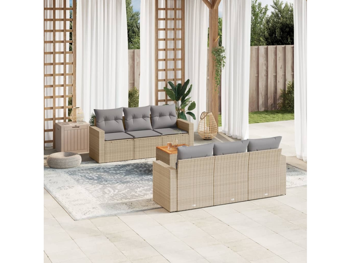 Vidaxl 7 Pcs Conj. Sofás Jardim C/ Almofadões Vime Pe Bege Misturado