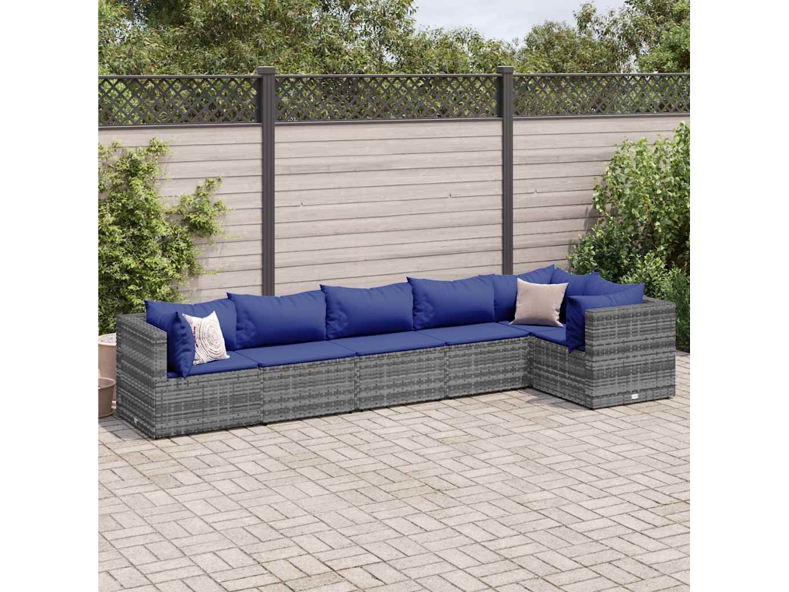 Vidaxl 6 Pcs Conjunto Lounge De Jardim C/ Almofadões Vime Pe Cinzento