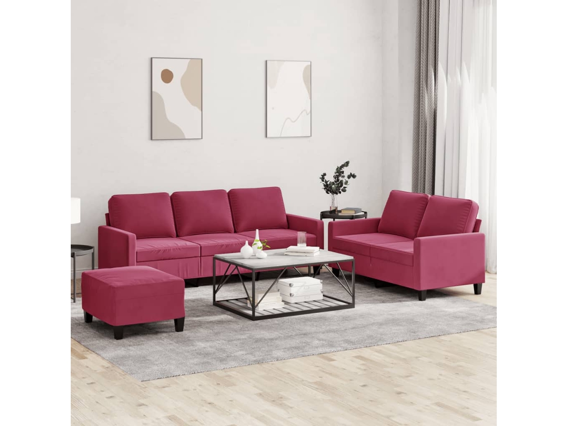 Vidaxl 3 Pcs Conjunto De Sofás Com Almofadões Veludo Vermelho Tinto