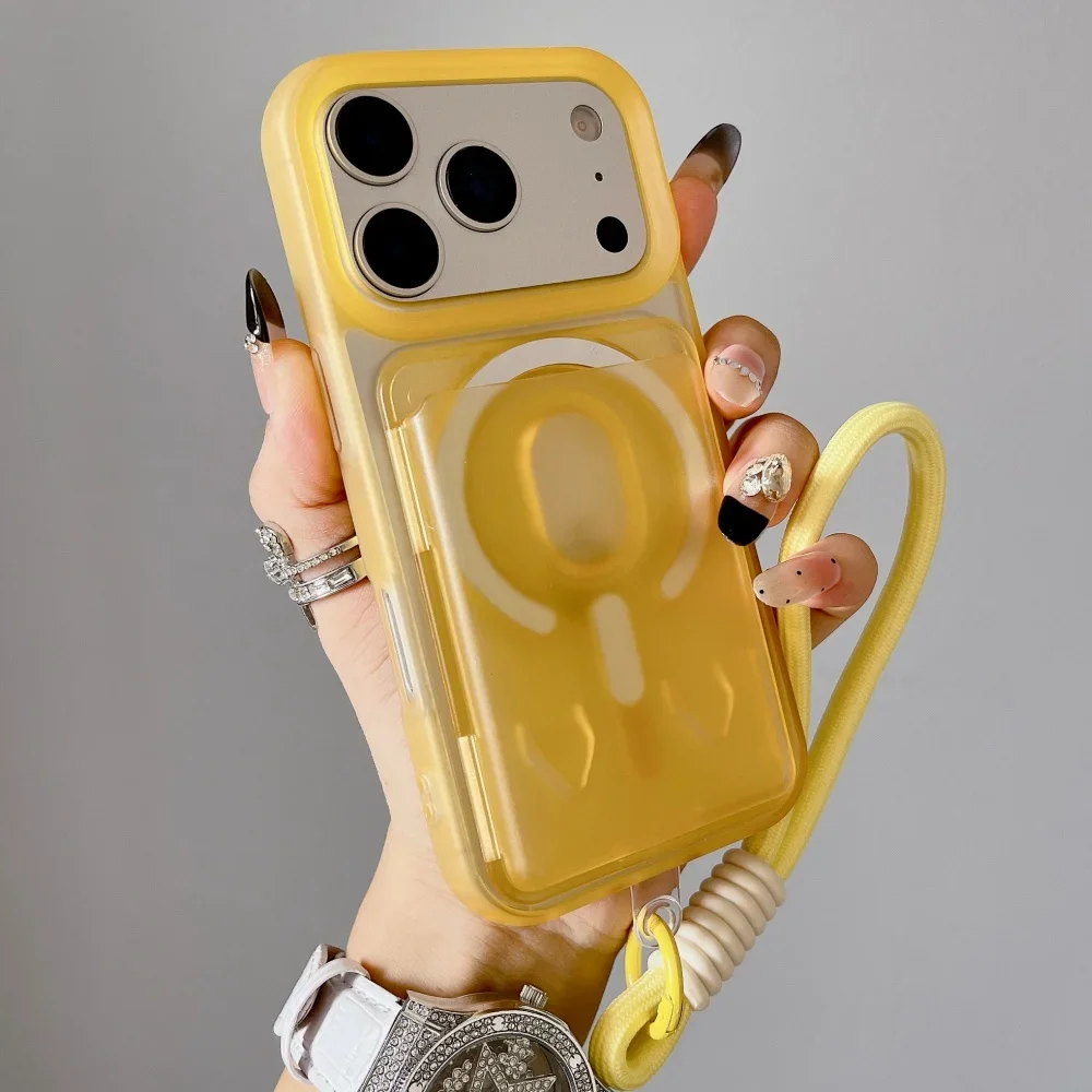 Capa Para Iphone 14 Amarela Com Compartimento Magnético E Cordão De Cobertura Total.