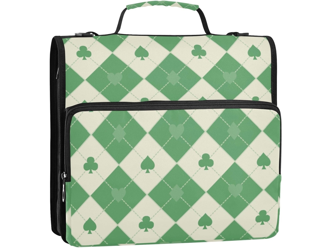Organizador de Pôquer Green Poker com 3 Argolas, Alça Mão e Ombro Removível Bolso Zíper para Escola/escritório