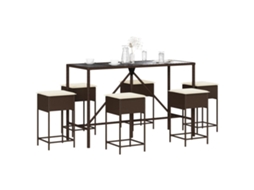 Vidaxl 7 Pcs Conjunto de Bar P/ Jardim C/ Almofadões Vime Pe Castanho
