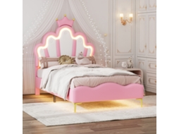 Cama infantil estofada 90x200cm em formato de coroa com LED e cabeceira ajustável rosa INONEFT