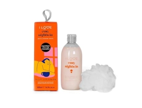 Gel de banho Cosy Night Indulgence 500ml com bucha vegetal corporal que eu adoro