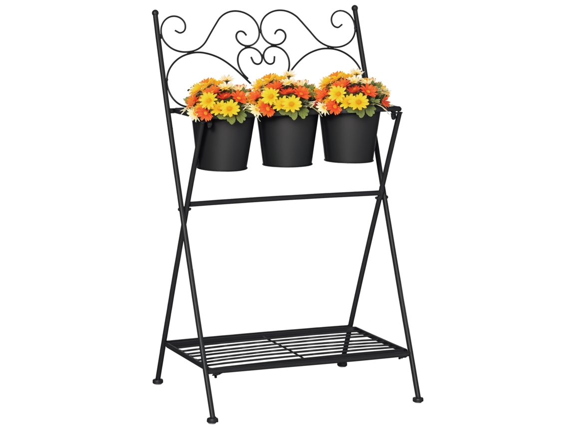 Suporte de Plantas em Metal Dobrável com 3 Vasos e Prateleira 47x37x78,5cm preto BTFORUS