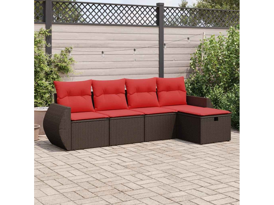 Vidaxl 5 Pcs Conjunto Sofás P/ Jardim C/ Almofadões Vime Pe Castanho