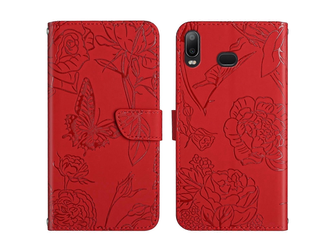 Capa De Celular Em Couro Sintético Com Textura De Borboleta E Peônia Para Samsung Galaxy A10s