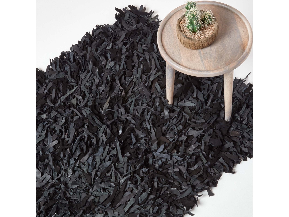 Homescapes Dallas Leather Shaggy Rug Black, 120 X 180 Cm