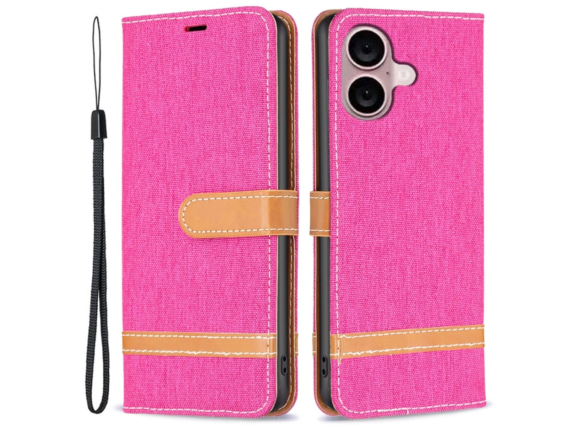 Capa Em Couro Pu, Para Apple Iphone 16 Plus, Rosa