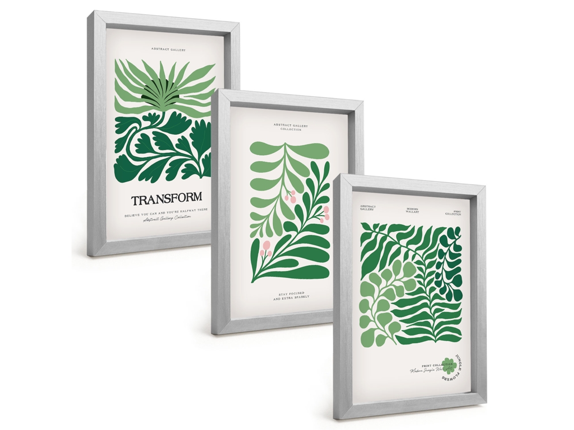 Conjunto De Pinturasfolhas Verdes, Plantas, Formas Moldura Prateada Quadros Para A Sala De Estar Espelharte (3 Peças 20x30 Cm)