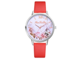 Relógio de pulso feminino Fanteeda com mostrador redondo e estampa floral, em couro PU vermelho.