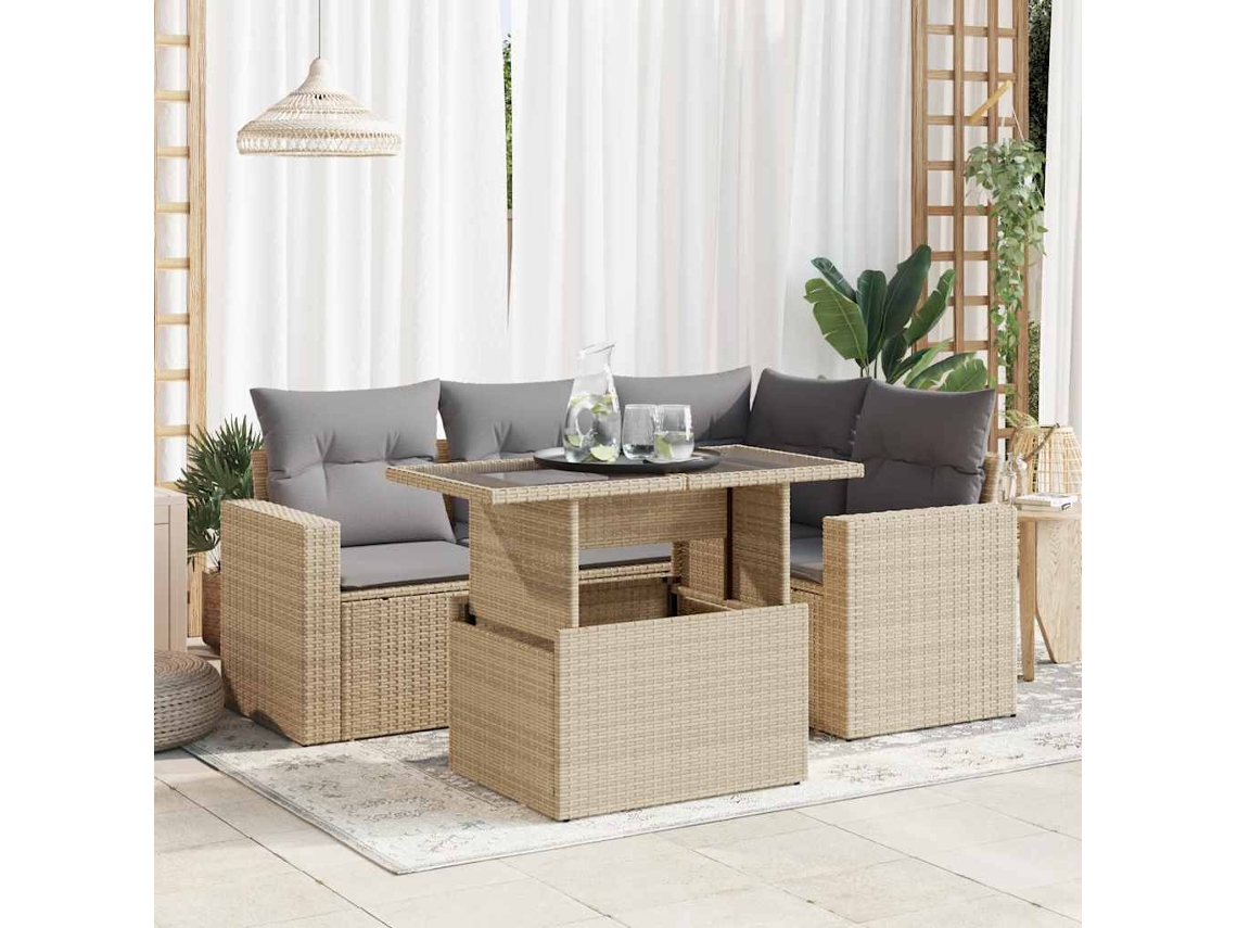 Vidaxl 5 Pcs Conjunto de Sofás P/ Jardim com Almofadões Vime Pe Bege