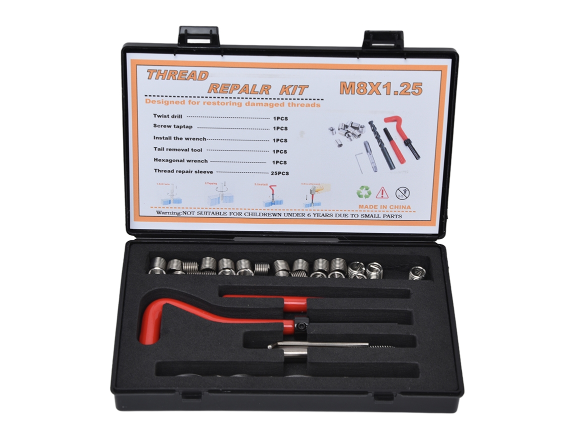 Kit De Ferramentas Para Reparação De Rosca M8 Com Furadeira, Martelo E Parafusos De Arame Enrolado