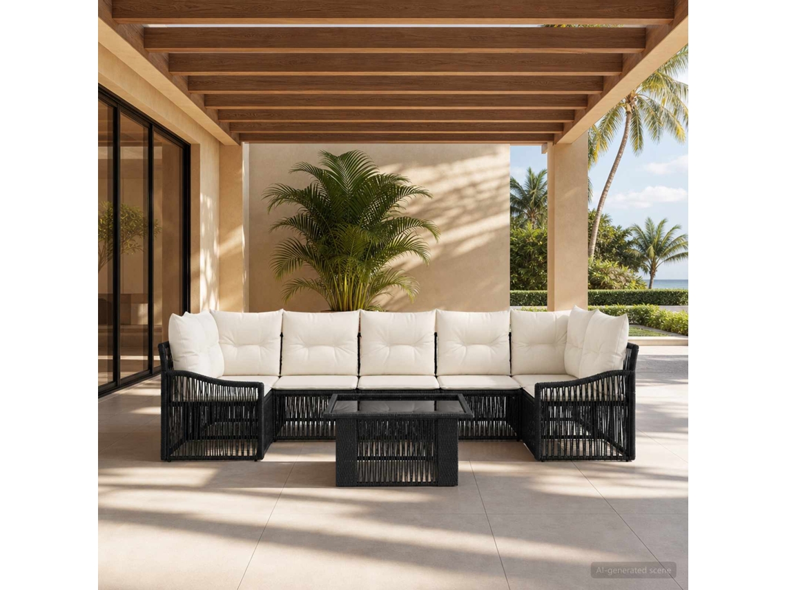 Vidaxl Conjunto De Sofá De Jardim 8 Unid. Preto E Branco Creme Vime Pe
