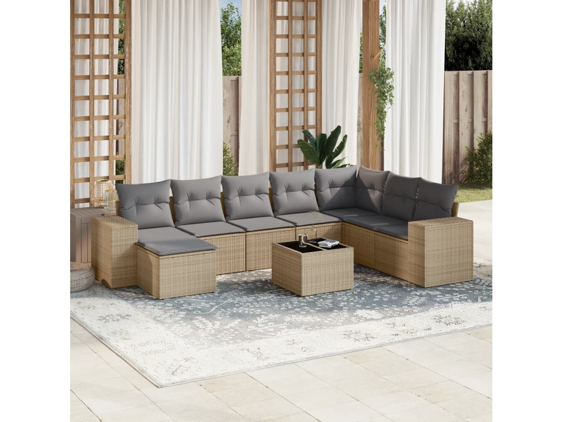 Vidaxl 9 Pcs Conjunto De Sofás P/ Jardim Com Almofadões Vime Pe Bege