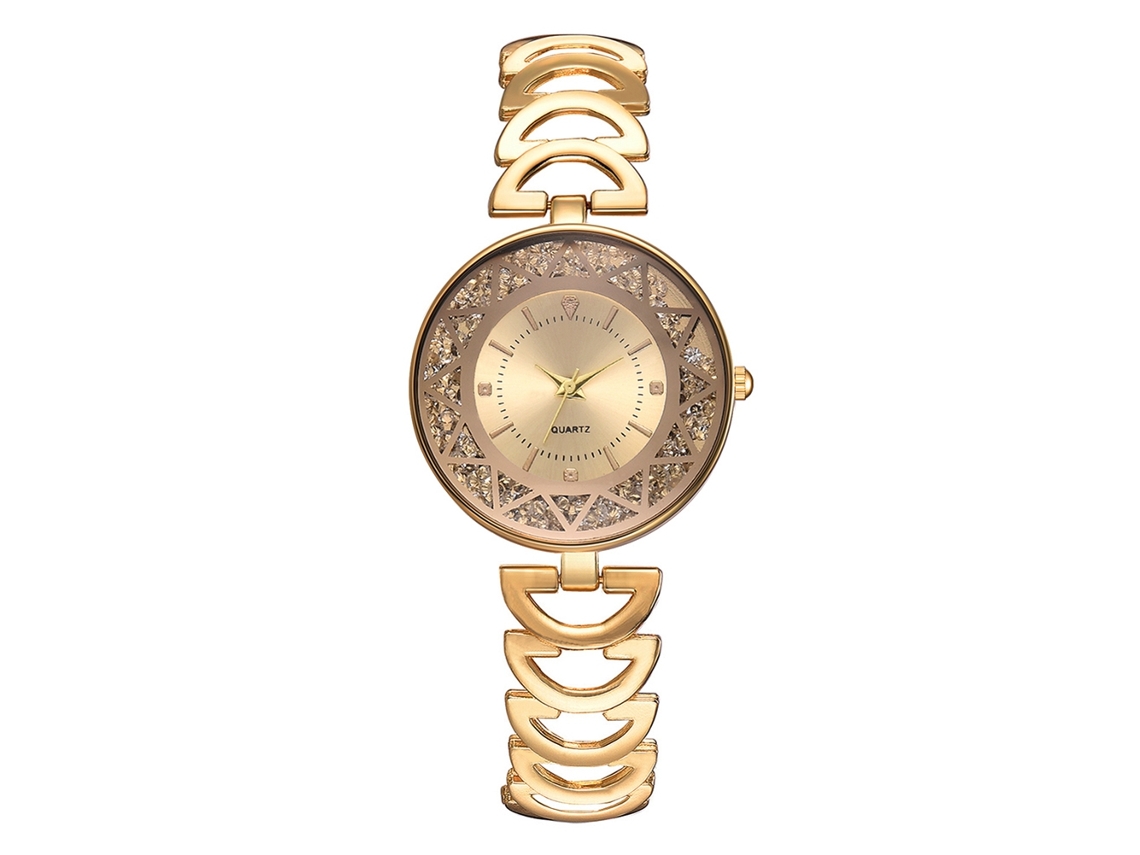 Relógio de Pulso Feminino Casual com Pulseira de Liga Quartzo Strass Dourado