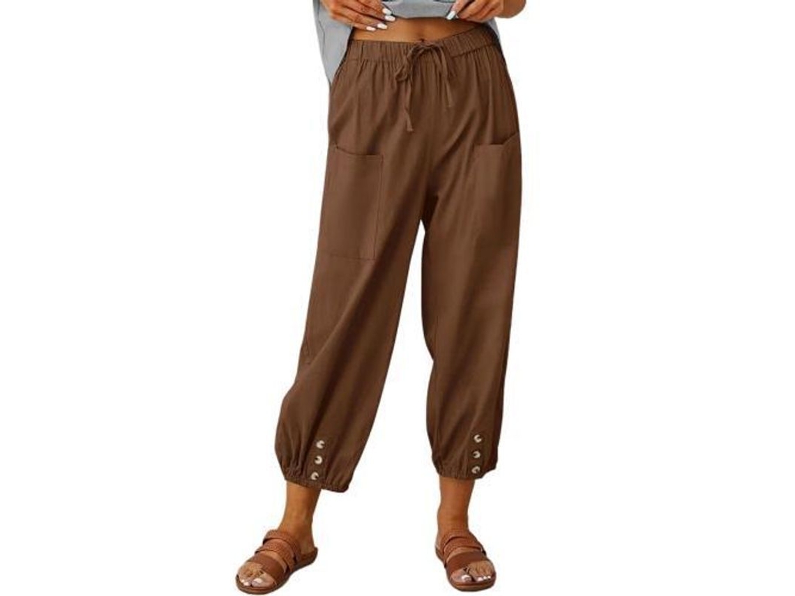 2026 pantalones Harem de Lino Sueltos para Mujer Verano Con Bolsillos Pantalones Anchos Claro M Marrón