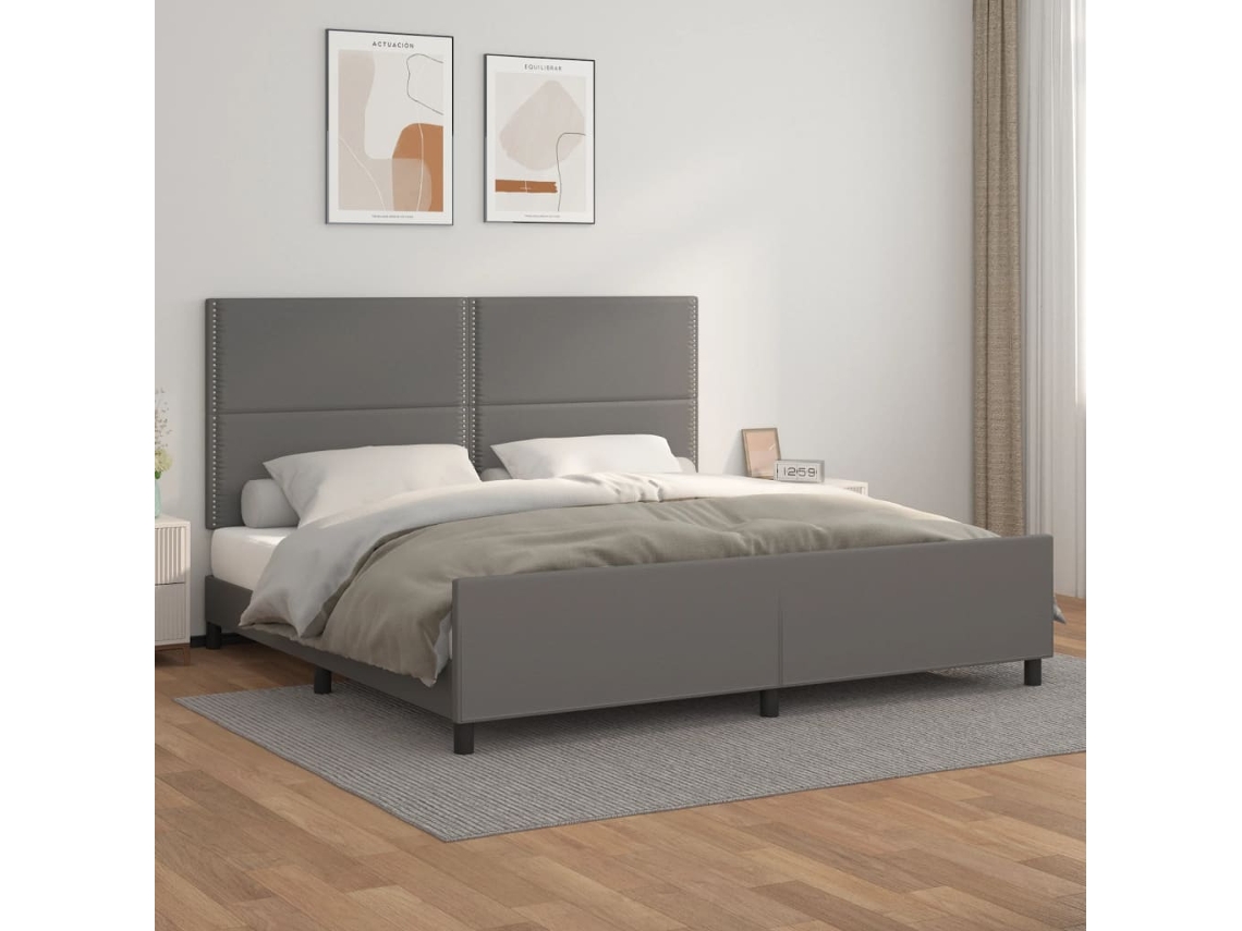 Estrutura Cama C/ Cabeceira 200x200cm Couro Artificial Cinzento