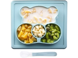 Plato De Silicona Antideslizante Com Sucção E Colher Para Bebê Design Urso Azul