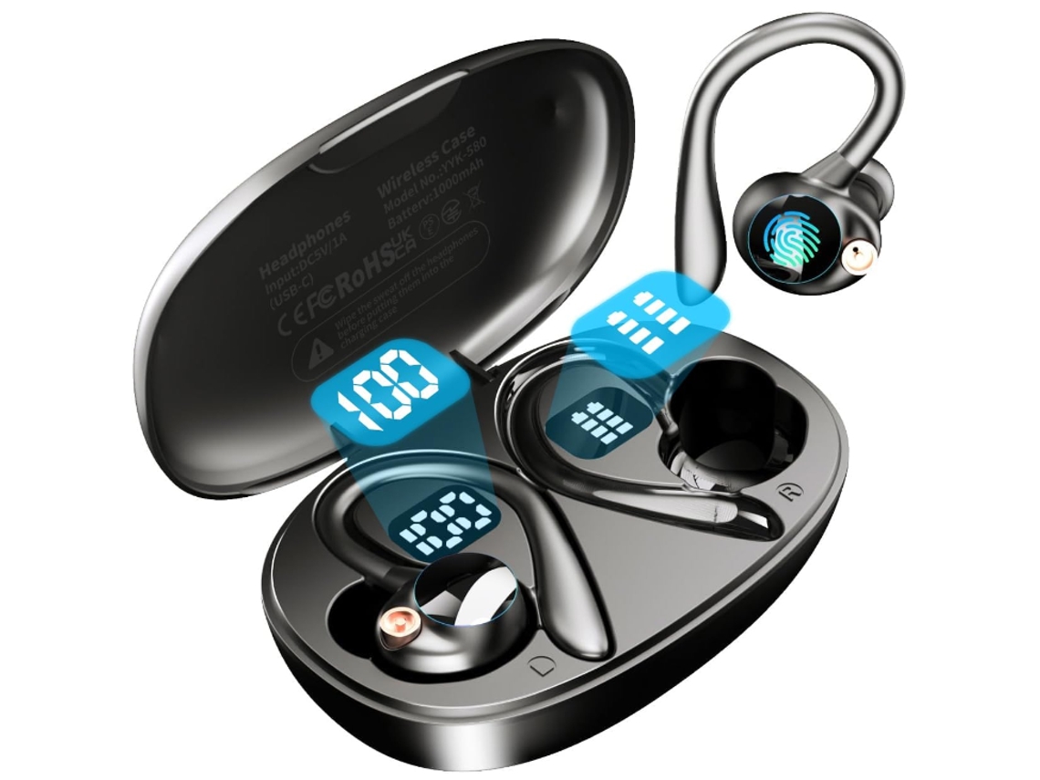 Fones Bluetooth 5.3 Esportivos com Gancho, Ipx7 À Prova D'água, Display Led Duplo, 120h Reprodução JIAPEI (preto)