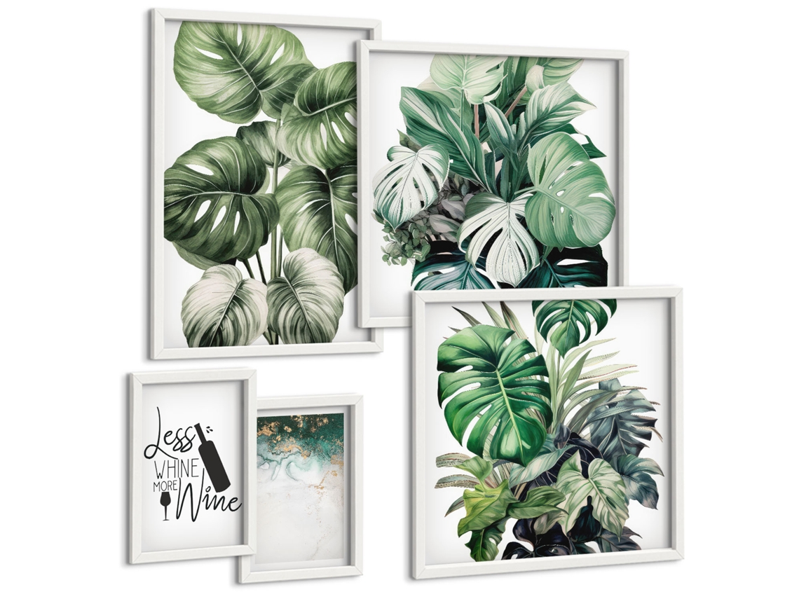 Composição De Quadros Folhas De Plantas Em Vinho Verde Moldura Branca Fotos Para O Escritório Espelharte (conjunto De 5 Imagens)
