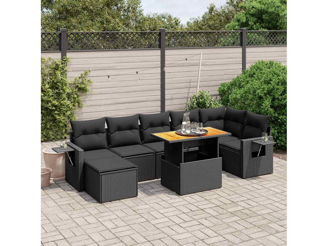Vidaxl 8 Pcs Conjunto Sofás De Jardim Com Almofadões Vime Pe Preto