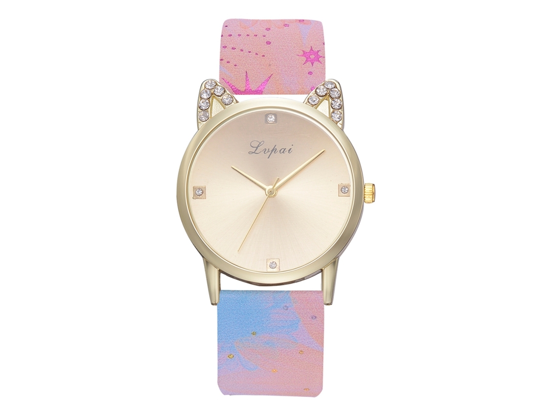 Relógio de Pulso Feminino de Quartzo com Pulseira de Couro Pu Padrão Gatinho com Strass