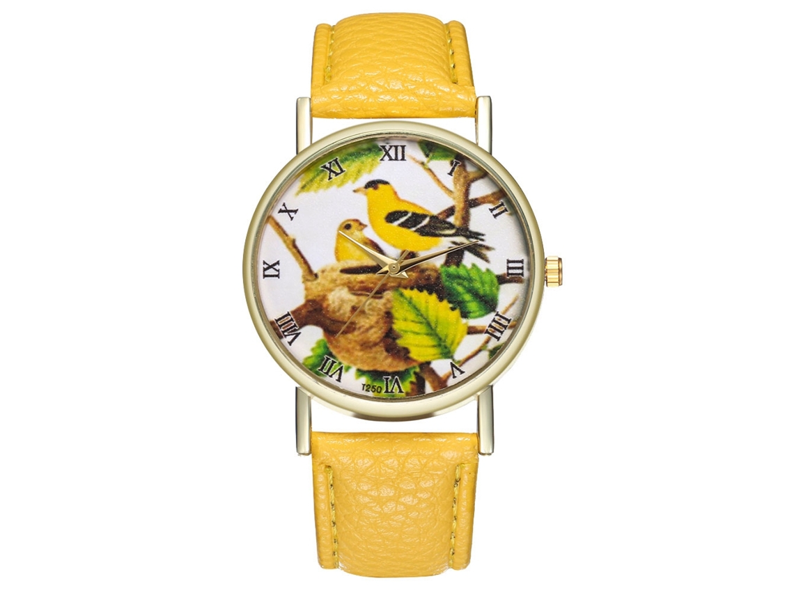 Relógio de pulso para casal com pulseira de PU, mostrador redondo, quartzo amarelo.