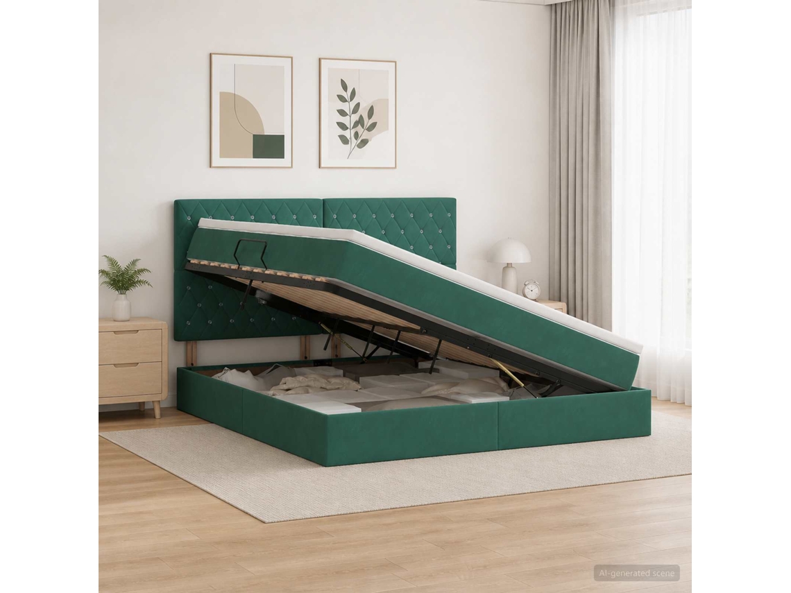 Vidaxl Cama De Armazenamento Led Com Colchão Verde-escuro 140 X 200 Cm