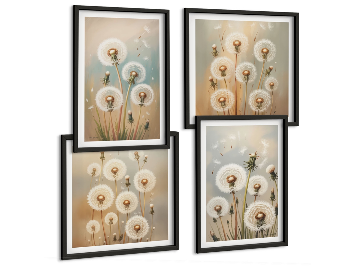 Pinturas Murais Modernas Flores, Retrato Intenso De Uma Mulher Moldura Preta Quadros Para A Sala De Estar Espelharte (conjunto De 4 Imagens)