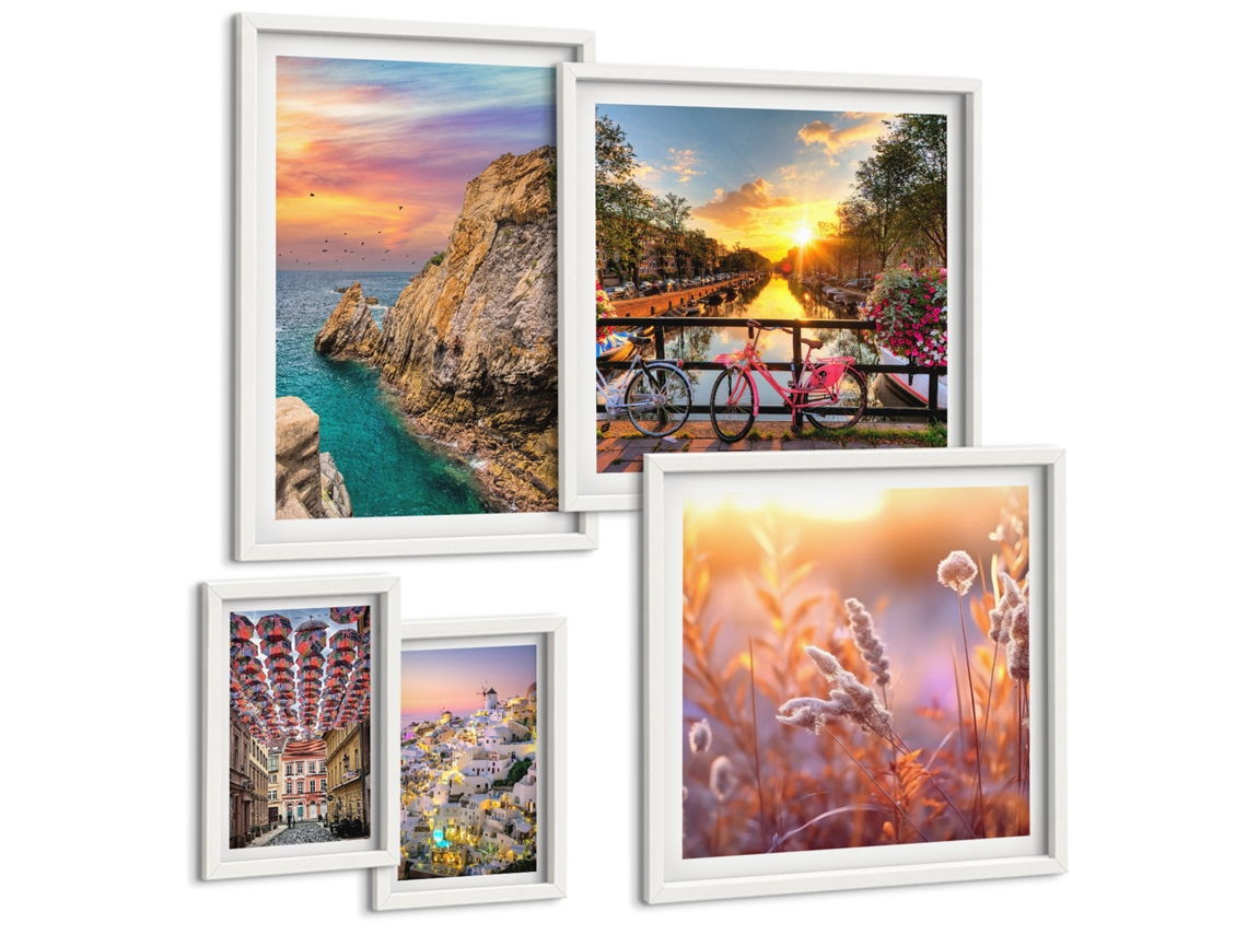 Galeria De Pinturas Murais Paisagens Costeiras, Pôr Do Sol Moldura Branca Fotos Para O Escritório Espelharte (conjunto De 5 Imagens)