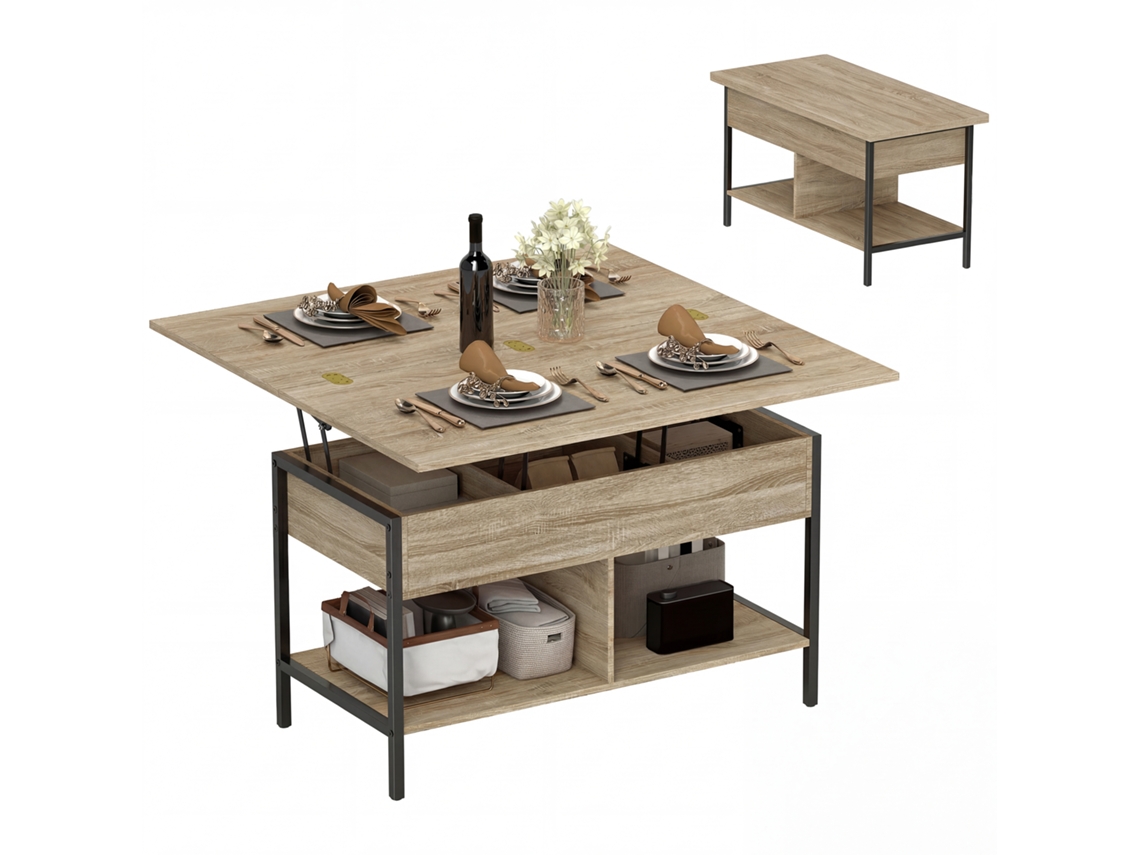 Mesa De Centro Elevável E Extensível, Mesa De Sala Com Compartimento Oculto E Prateleiras Abertas, 98x49x55cm, Madeira Natural