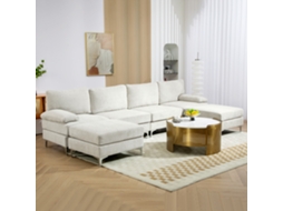 Sofá Componível 4 Peças Com Puff E Almofadas, Em Tecido Efeito Veludo, 313x149x88 Cm, Branco Creme