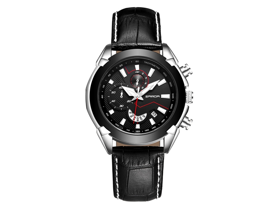 Relógio de pulso masculino de quartzo casual e simples, com pulseira preta e caixa prateada.
