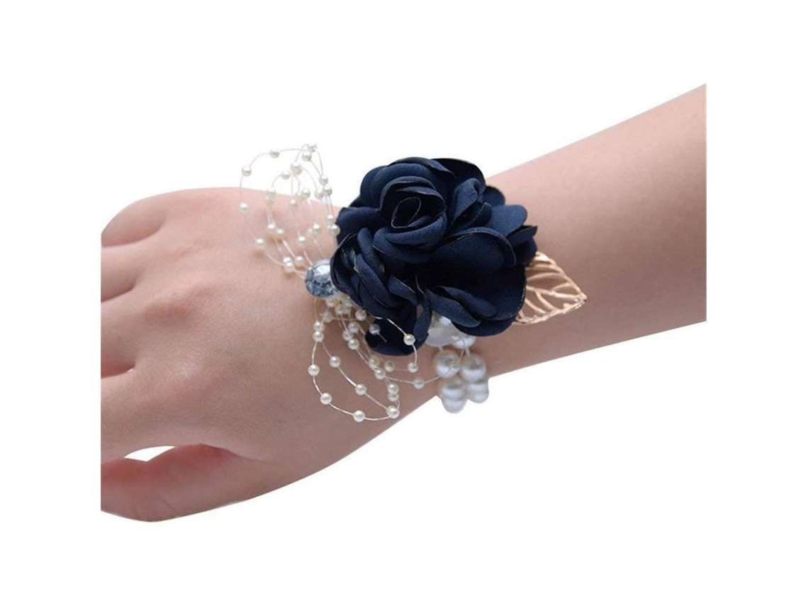 Nova Line corsagem de Pulso de Noiva e Dama de Honra com Pérolas Falsas e Flores Artificiais Azul Escuro
