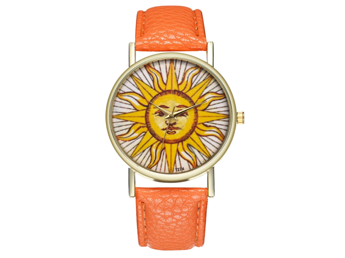 Relógio analógico de quartzo Zhoulianfa para homem e mulher com pulseira de PU laranja.